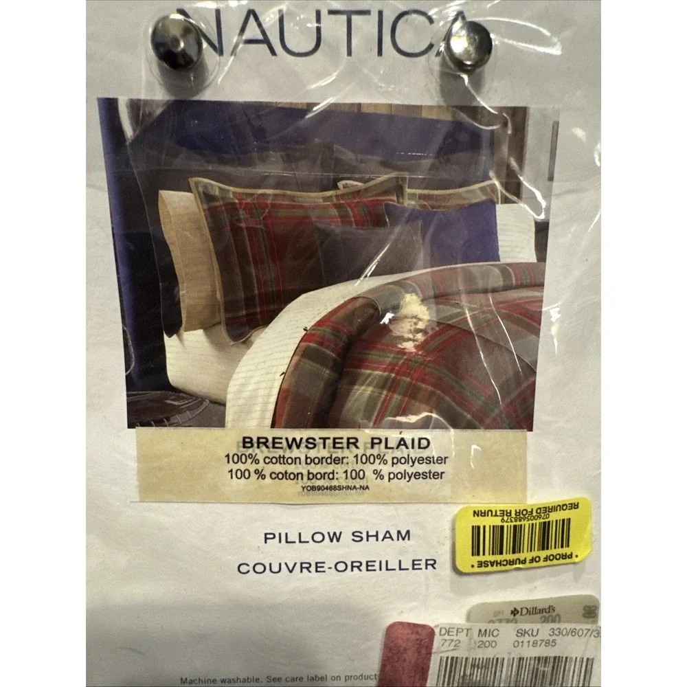1 Nautica European Standard Pillow Sham Red‎ Brown Brewster Plaid New